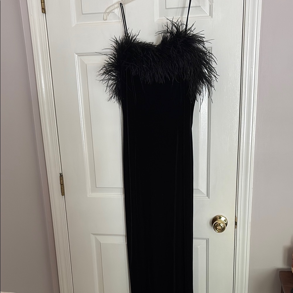 Alex Evenings Black Velvet Maxi Dress with Feather Trim